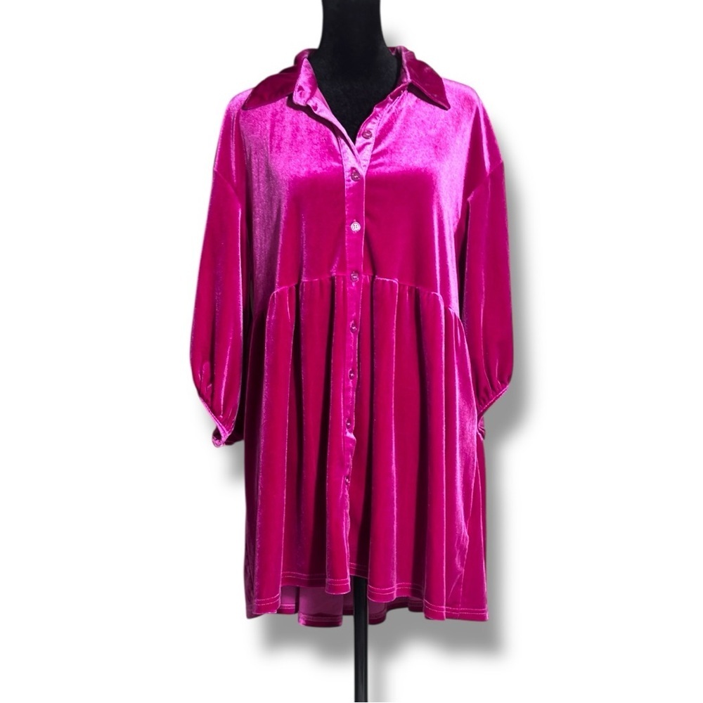 Chic Fuchsia Button-Front Velvet 3/4 Balloon Sleeves Tiered Collared Tunic Top - Picture 5 of 16